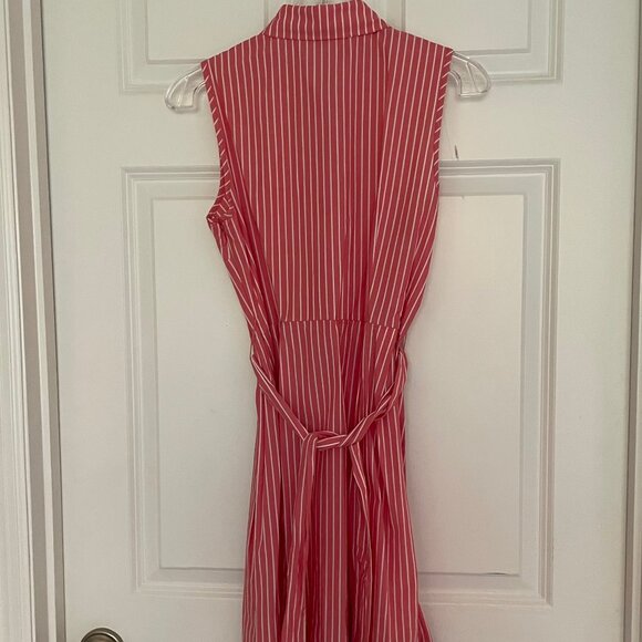 Red white striped collared summer shirt dress with tie belt, sleeve - Picture 3 of 3